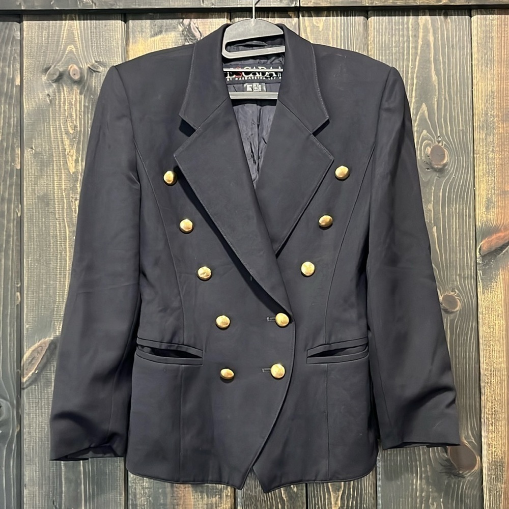 Vtg Escada Margaretha Ley Black Wool Double Breasted Blazer 34 XS Gold Buttons